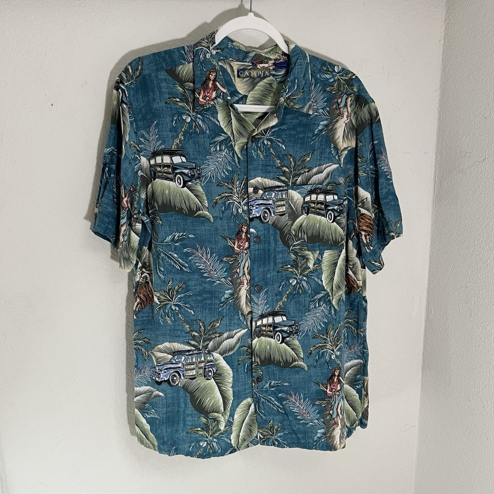 Campia Moda Hawaiian Shirt Men's Large Palm Trees Surfboards Cars Dancers Vtg